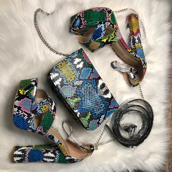 Multi Color Snake Print Open Toe Platform Heels - Picture 3 of 6